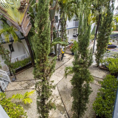 The image shows a courtyard with tall trees, lush green vegetation, pathways, and white-balconied buildings surrounding the area.