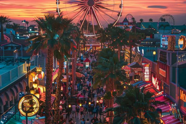 A vibrant amusement park scene at sunset, featuring a large Ferris wheel, colorful lights, and crowds of people enjoying the atmosphere.